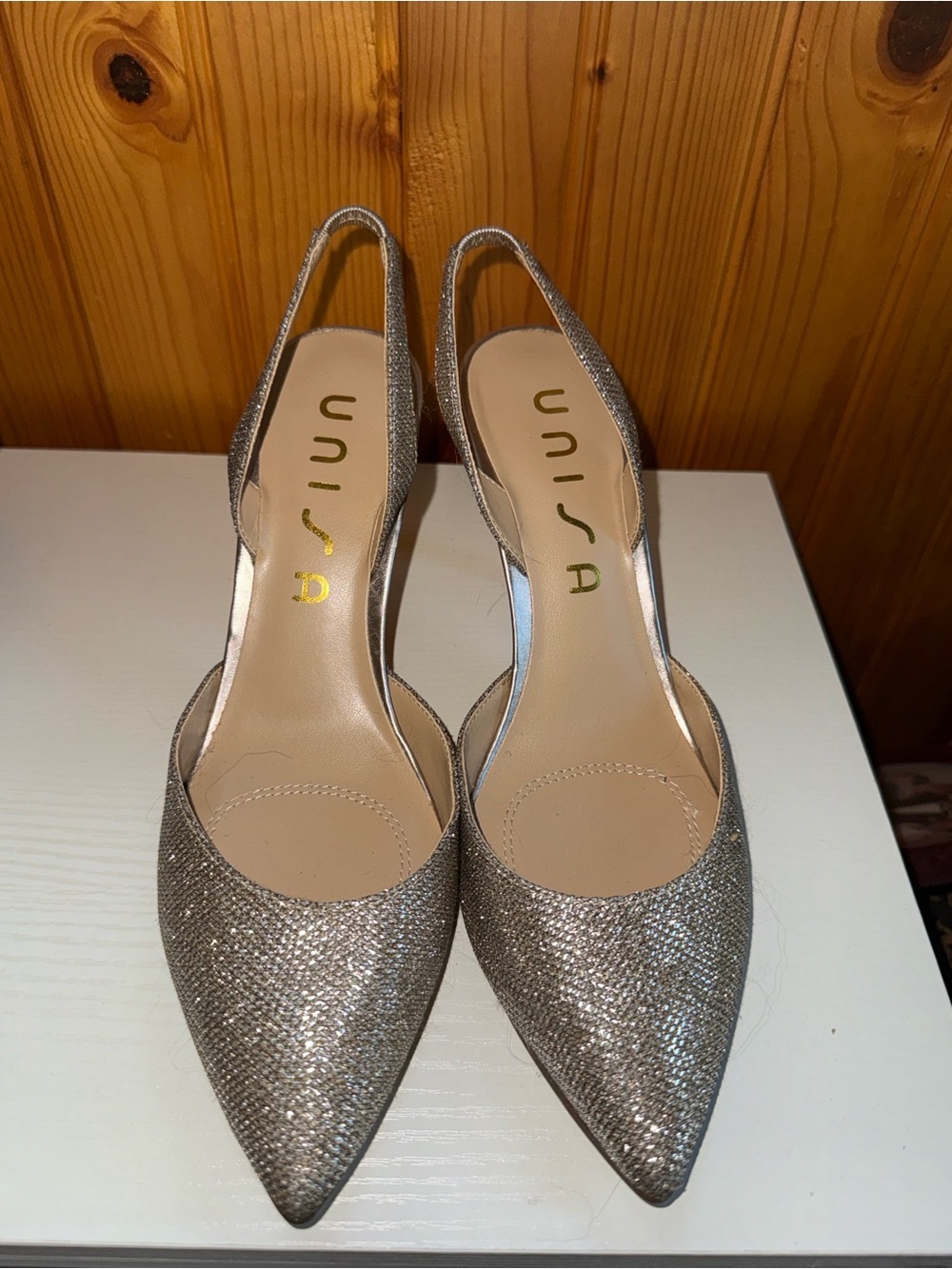 Unisa Sparkling Silver &  Gold Pointed-Toe Slingback Heels